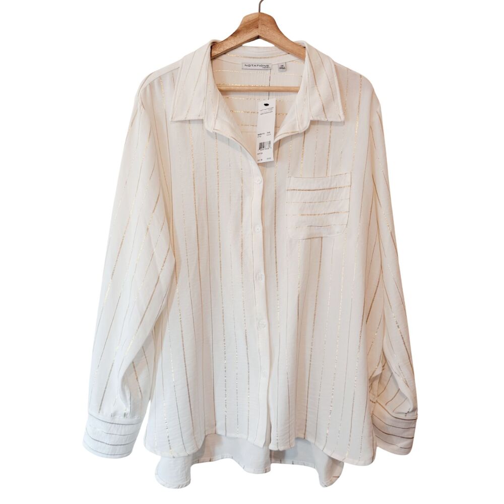 NOTATIONS Ethereal White Gold Stripe Long Sleeve Blouse NWT 2X Old Money Work